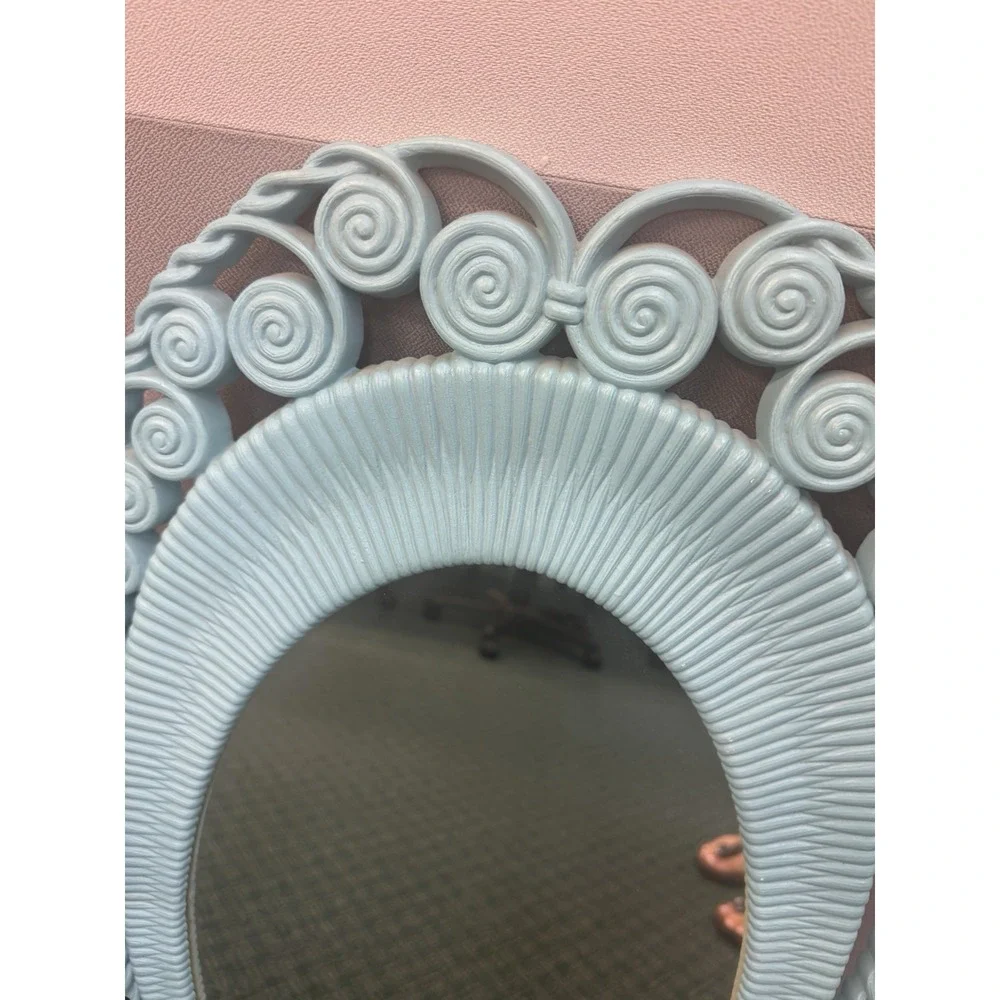 70s Vintage Burwood Faux Ratan Wicker Blue Wall Mirror Resin 30